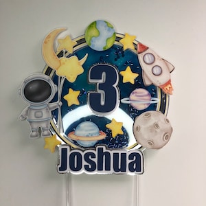 Topo de bolo com tema de astronauta, festa de aniversário com tema de espaço sideral azul, topo de bolo espacial para meninos, festa de aniversário com tema de galáxia, artigos para festa de astronauta