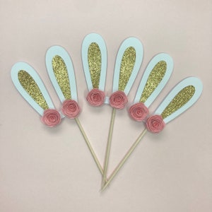 Bunny Cupcake Toppers: Glitter Ears, Birthday Party Decorations (Set of 8)