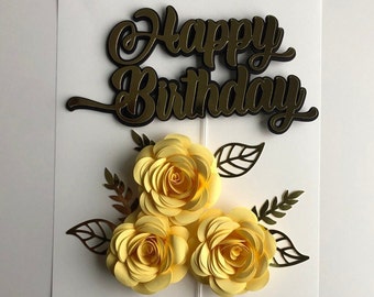 Floral cake topper, Birthday Party Decorations, Happy Birthday cake topper, Party Supplies