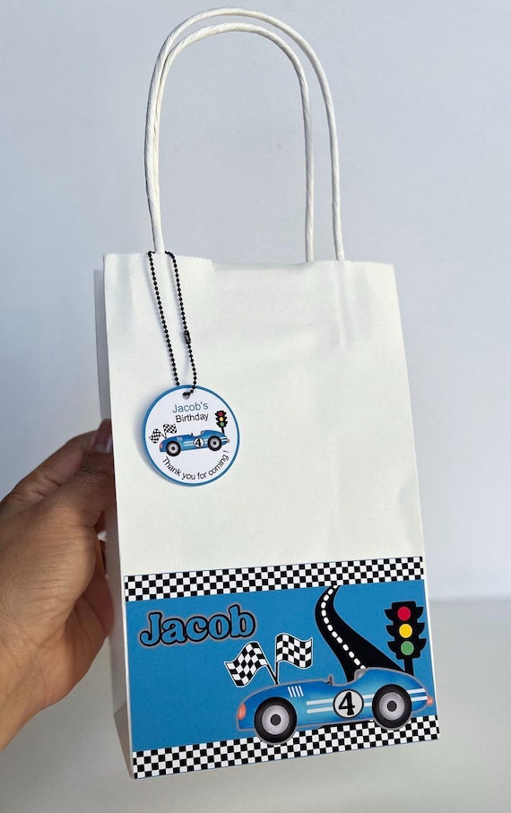 24-Pack Racing Car Party Favor Bags - Checkered Flag Theme, Kraft Paper Goodie Bags With Handles, 8.2x6x3 Inches