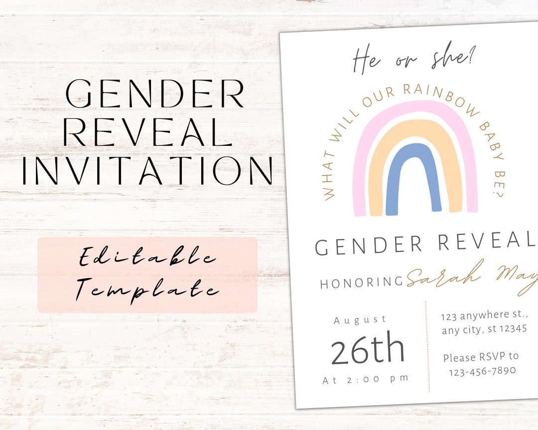 RAINBOW GENDER REVEAL, Canva Invitation Template, Rainbow Baby Gender