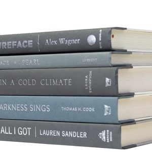 May include: A stack of five gray and blue hardcover books with white text titles. The titles are "FUTUREFACE", "ARMITAGE & PEARL", "LIFE IN A COLD CLIMATE", "EVEN DARKNESS SINGS", and "THIS IS ALL I GOT".