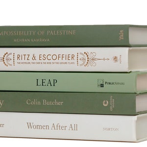 May include: A stack of five books with green and white covers. The titles of the books are "The Impossibility of Palestine", "Ritz & Escoffier", "Leap", "Molly", and "Women After All".