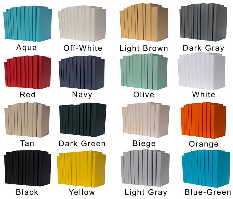 Peut inclure: Un ensemble de 16 livres d&eacute;coratifs de diff&eacute;rentes couleurs, notamment aqua, blanc cass&eacute;, brun clair, gris fonc&eacute;, rouge, marine, olive, blanc, beige, vert fonc&eacute;, beige, orange, noir, jaune, gris clair et bleu-vert.