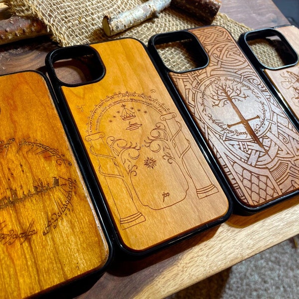 Lord of the rings wood phone case LOTR Sauron Door Durin Aragorn sword, iPhone 12 13 14 15 Samsung S22 23 24 21 Note 20 Plus Google Pixel