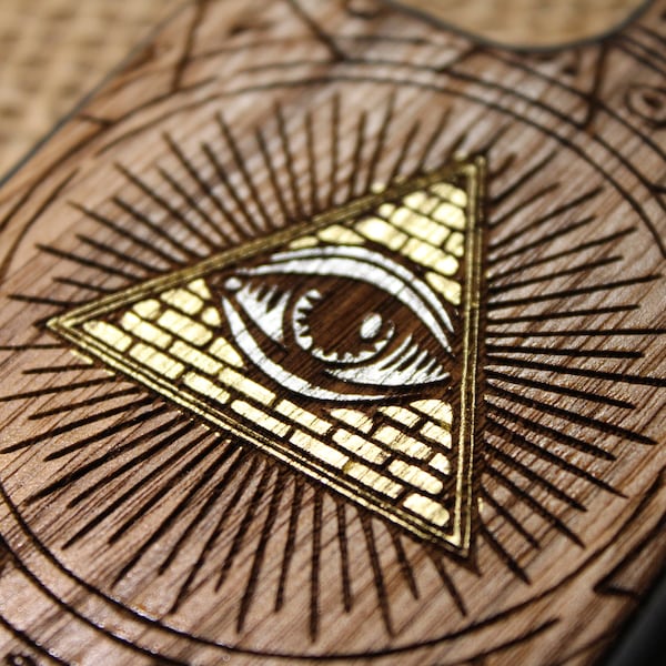 Golden Illuminati  Eye Masonic Pyramid Conspiracy Occult Golden Strip Goth, Witchcraft,  Phone Case Wood, for Iphone and Samsung,Pixel