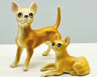 Figura de perro Chihuahua, miniatura de cerámica color canela, vintage, Japón, lote de 2