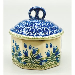 Polish Pottery Mini Pretzel Trinket Box Blue Tulips Octagon Ceramika Artystyczna