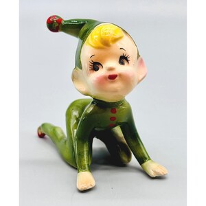 Tumbling Pixie Elf Figurine Kneeling Japan Vintage 1950s Christmas Decor Ceramic