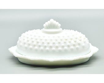 Fenton Butter Dish White Hobnail Milk Glass Vintage Oval Crown Lid Covered
