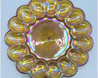 Indiana Glass Hobnail Deviled Egg Plate Iridescent Gold Carnival Amber 11 inch