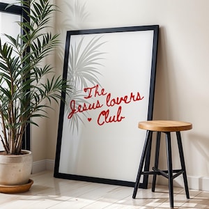Jesus Lovers Club Print: Trendy Red Minimalist Christian Wall Art Home Decor