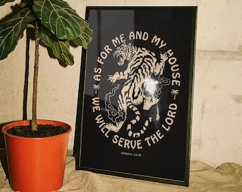 Trendy Christian Wall Art, Joshua 24:15 Tiger Print, Black & Beige Scripture Print, Modern Bible Verse Poster, Edgy Mens Apartment Decor