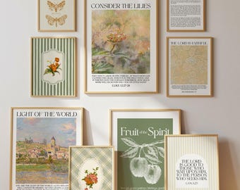 Vintage Christian Wall Art Set of 9: Sage Green & Beige Prints, Bible Verse Wall Art, Cottagecore Scripture Prints, Minimalist Christian Art