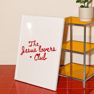 Klub Miłośników Jezusa – wydruk: Modna czerwona chrześcijańska sztuka ścienna, minimalistyczny wydruk z wersetem biblijnym, retro sztuka ścienna z Pismem Świętym, plakat do dziewczęcego mieszkania