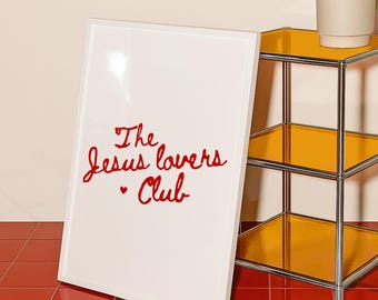 Jesus Lovers Club Print: Trendy Red Christian Wall Art, Minimalist Bible Verse Print, Retro Scripture Wall Art, Girly Apartment Poster
