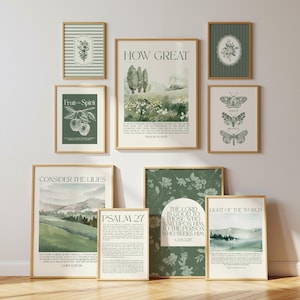 Puede incluir: Un conjunto de nueve láminas enmarcadas para pared con ilustraciones botánicas, paisajes y textos religiosos en tonos verde salvia y blanco. La colección incluye láminas con las frases How Great, Fruit of the Spirit, Consider the Lilies, Psalm 27 y Light of the World.