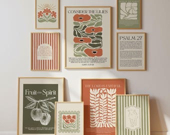 Floral Christian Wall Art Set of 9: Neutral Modern Bible Verse Prints, Minimalist Fall Scripture Prints, Orange & Green Autumn Printable
