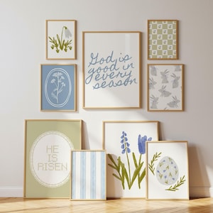 Christliche Oster-Wandkunst 9er-Set: Frühlingsbibelversdrucke, Blau- und Salbeigrün-Schrift Wandkunst, Kokette minimalistische Kinderzimmer-Wandkunst