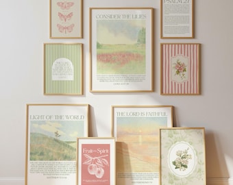 Vintage Christian Wall Art Set of 9: Pink & Green Prints, Bible Verse Wall Art, Cottagecore Scripture Prints, Minimalist Spring Printable