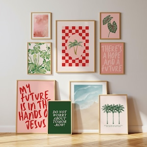 Trendy Christian Wall Art Set of 9: Pink Scripture Prints, Red Bible Verse Posters, Coastal Home Decor, Girl Palm Tree Art, Ocean Printable