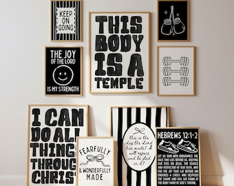 Christian Gym Wall Art Set of 9: Black Home Gym Prints, Christian Motivational Prints, Scripture Workout Room Posters, Bible Verse Printable