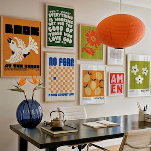 Trendy Christian Wall Art Set of 9: Maximalist Eclectic Bible Verse & Scripture Colorful Prints