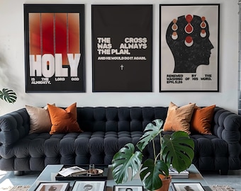 Modern Christian Wall Art Set of 3: Black & Red Scripture Prints, Trendy Bible Verse Posters, Mid Century Prints, Moody Mens Dorm Prints
