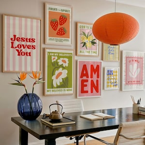 Trendy Christian Wall Art Set of 9: Colorful Eclectic Scripture Verse Maximalist Kitchen Prints