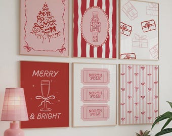 Trendy Pink & Red Christmas Wall Art Set of 6: Minimalist Striped Holiday Prints, Bow Wall Art, Nutcracker Print, Coquette Christmas Art