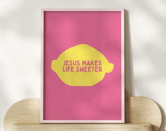 Trendy Christian Wall Art: Pink Scripture Print, Maximalist Lemon Poster, Bible Verse Kitchen Print, Dining Room Decor, Summer Fruit Poster