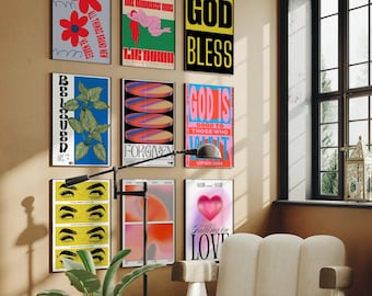 Trendy Christian Wall Art Set of 9: Modern Bible Verse Print, Maximalist Scripture Wall Art, Colorful Christian Home Decor for Apartment