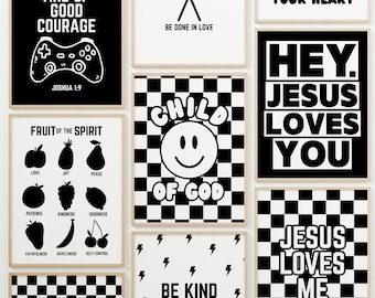 Boys Christian Wall Art Set of 9: Kids Bible Verse Prints, Teen Boy Gamer Wall Art, Modern Childrens Scripture Prints, Black & White Prints