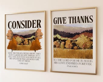 Moderner christlicher Herbst Wandkunst 2er-Set: Trendige Herbstschriften, launische Herbstwandkunst, minimalistische Thanksgiving-Bibelvers-Wandkunst