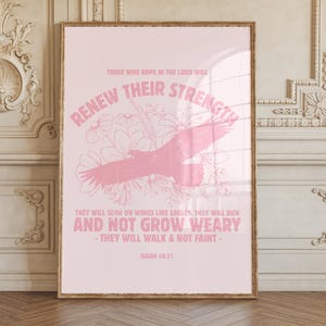 Minimalist Pink Christian Scripture Print: Floral Eagle Bible Verse Girly Wall Art Home Decor