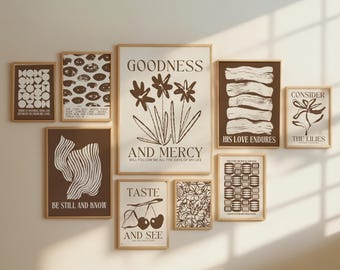 Minimalist Brown Christian Wall Art Set of 9: Trendy Scripture Prints, Modern Bible Verse Wall Art, Neutral Beige Christian Home Decor