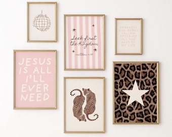 Trendy Christian Wall Art Set of 6: Pink Scripture Print, Brown Bible Verse Poster, Leopard Dorm Decor, Preppy Cheetah Art, Girly Faith Art