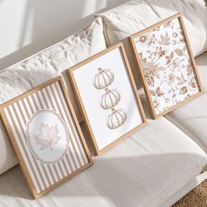May include: Three framed art prints with a fall theme. One print features a maple leaf, another shows three pumpkins, and the third displays a floral pattern. The prints are in wooden frames and are displayed on a white surface.