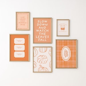 Trendig höstväggkonst set med 6: Orange hösttryck, minimalistiskt pumpakryddetryck, flickigt ginghamkökstryck, pumpafälttryck