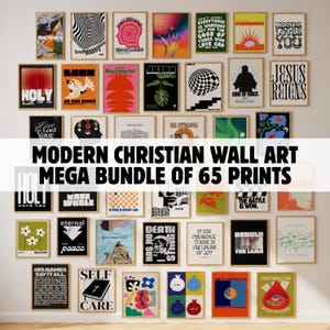 May include: A collection of 65 framed wall art prints featuring various Christian-themed graphic designs, typography, and illustrations in diverse color palettes, arranged in a grid layout with the text MODERN CHRISTIAN WALL ART MEGA BUNDLE OF 65 PRINTS.