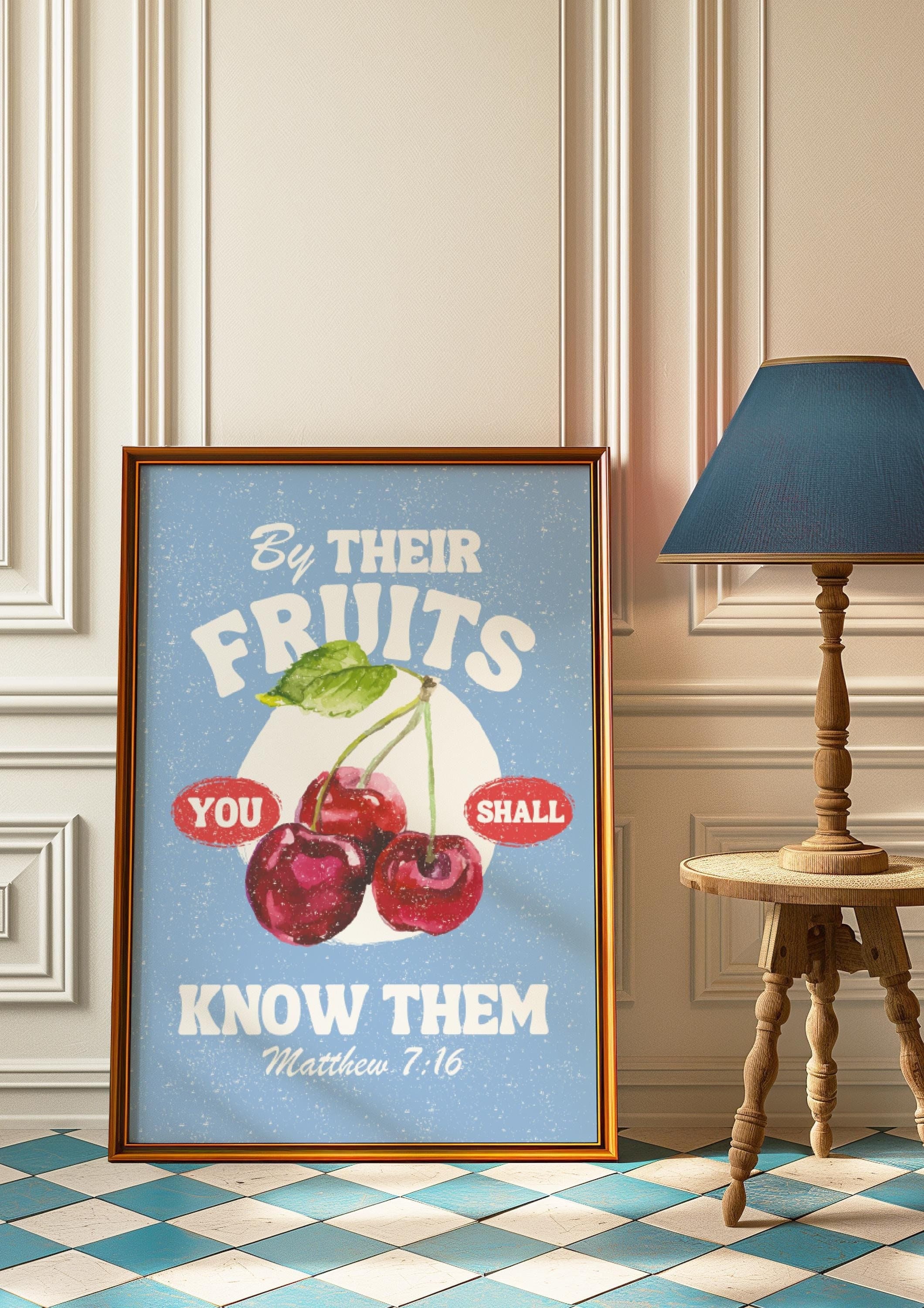 Blue Fruit Of The Spirit Christian Wall Art: Printable Cherry Scripture & Bible Verse Home Decor