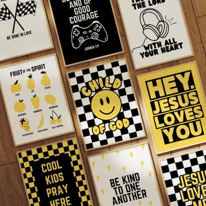Boys Christian Wall Art Set of 9: Kids Bible Verse Prints, Teen Boy Gamer Wall Art, Modern Childrens Scripture Prints, Black & Yellow Prints