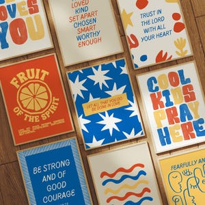 Kids Christian Wall Art Set of 9: Maximalist Homeschool Classroom Decor, Red & Blue Scripture Children Prints, Colorful Bedroom Posters