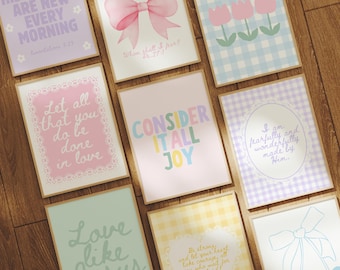Pastel Coquette Christian Wall Art Set of 9: Floral Bible Verse Prints, Kid's Scripture Wall Art, Children's Prints, Classroom Wall Art