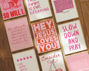 Trendy Christian Wall Art Set of 9: Pink Scripture Wall Art, Orange Bible Verse Prints, Colorful Christian Digital Download, Printable Art