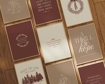 Minimalist Christian Christmas Print Set of 9: Beige & Red Holiday Prints, Christmas Bible Verse Wall Art, Cozy Winter Scripture Prints