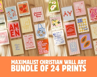 Trendy Christian Wall Art Set of 24: Colorful Bible Verse Prints, Maximalist Scripture Wall Art, Eclectic Christian Home Decor for Apartment