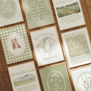 Sage Green Christian Nursery Print Set of 9: Coquette Gingham Scripture Verse Wall Art, Spring Baby Prints, Minimalist Watercolor Wall Art