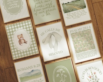 Sage Green Christian Nursery Print Set of 9: Coquette Gingham Scripture Verse Wall Art, Spring Baby Prints, Minimalist Watercolor Wall Art