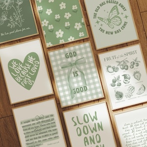 Conjunto de 9 artes de parede cristãs modernas, arte de parede verde-sálvia, download digital espiritual moderno, decoração cristã para casa, arte de parede para apartamento cristão